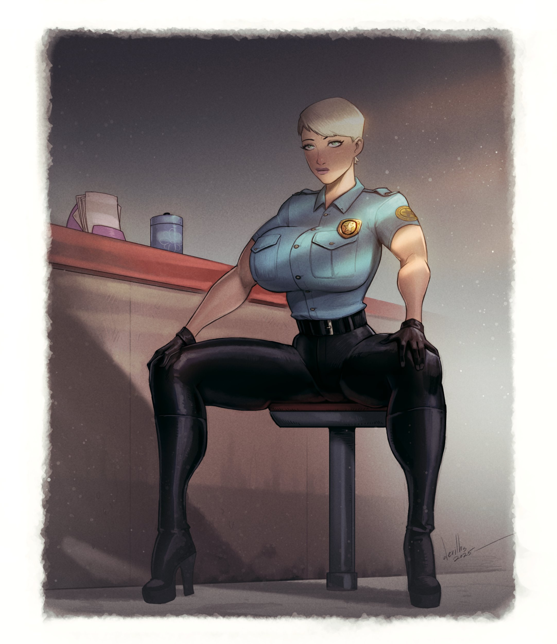 devilhs, cybil bennett, silent hill (series), absurdres, highres, black boots, black gloves, black pants, blonde hair, blue eyes, boots, breasts, full body, gloves, high-waist pants, high heel boots, high heels, large breasts, on stool, pants, police, police uniform, policewoman, short hair, silent hill 1, smile, solo, toned, toned female