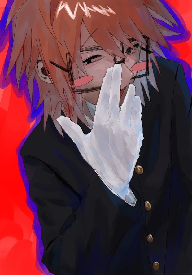 randal ivory, randal's friends, 1boy, adjusting eyewear, black-framed eyewear, black eyes, black jacket, blush stickers, gakuran, gloves, jacket, long sleeves, male focus, medium hair, open mouth, orange hair, rectangular eyewear, red background, school uniform, smile, solo, uni1089143, white gloves