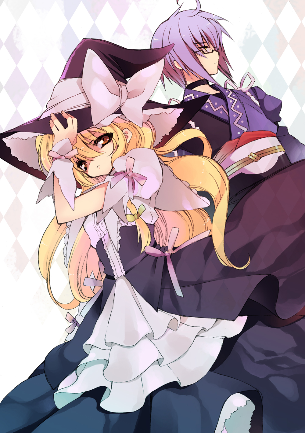 yuki machi, yukimachi, yukimachi tounosuke, kirisame marisa, morichika rinnosuke, curiosities of lotus asia, touhou, silver hair, highres, 1boy, 1girl, blonde hair, hat, hat ribbon, long hair, ribbon, short hair, witch, witch hat, yellow eyes