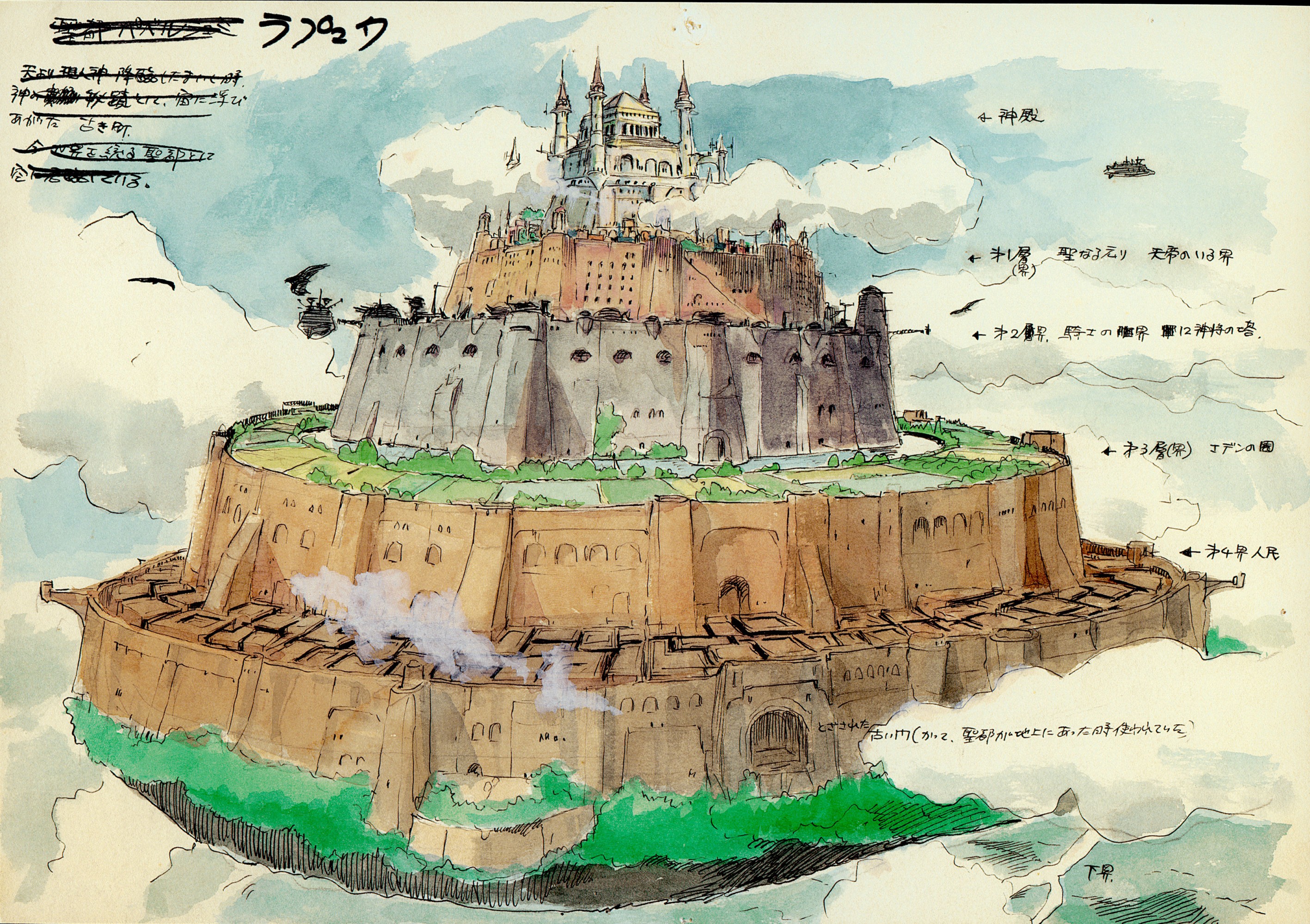 studio ghibli, tenkuu no shiro laputa, wall, highres, non-web source, translation request, building, cloud, floating island, no humans, scenery