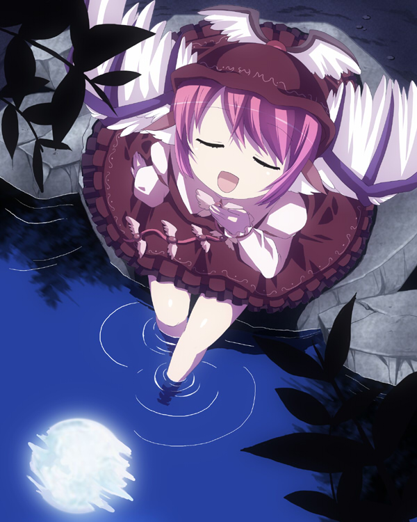 aro, ya (pixiv), mystia lorelei, touhou, bad id, bad pixiv id, 1girl, animal ears, female focus, hat, moon, music, outdoors, pink hair, plant, short hair, singing, sitting, sky, solo, water, wings