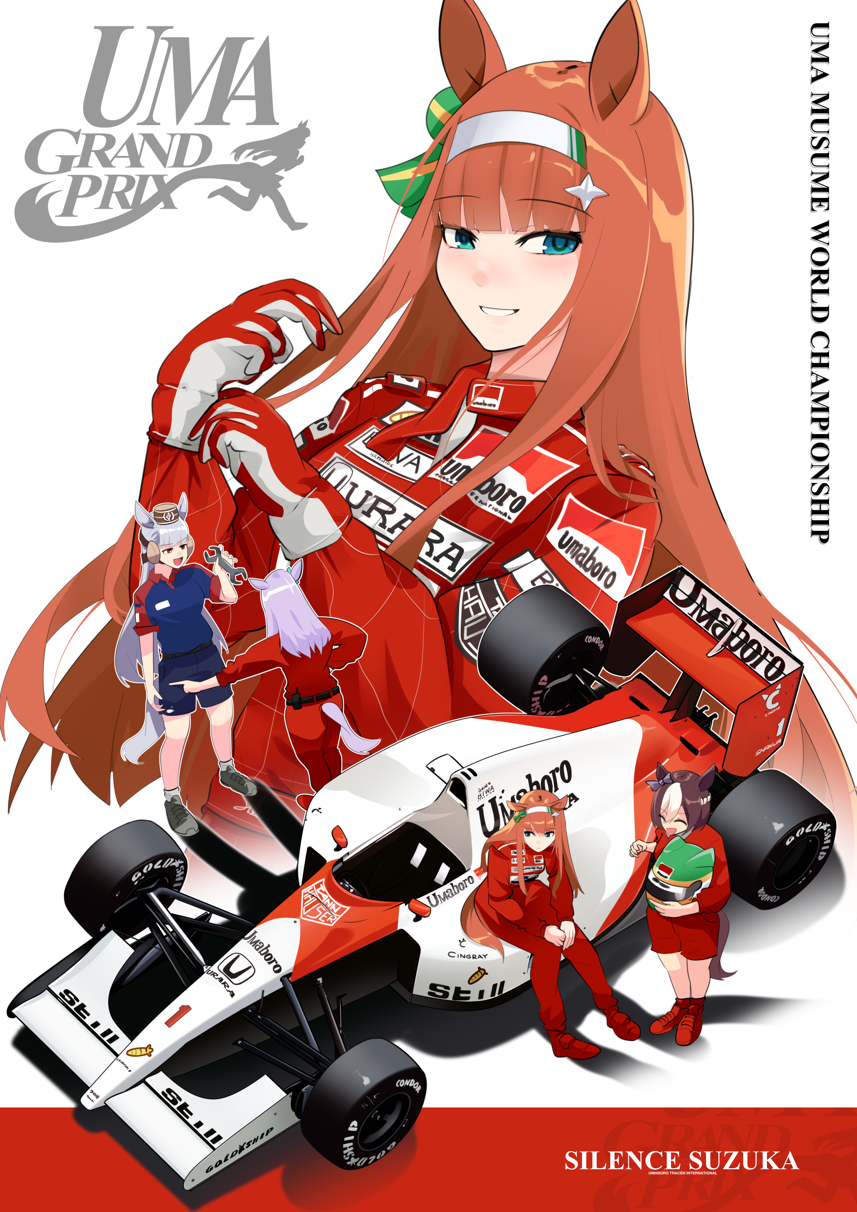 holeecrab, gold ship (umamusume), mejiro mcqueen (umamusume), silence suzuka (umamusume), special week (umamusume), formula one, marlboro, mclaren, umamusume, absurdres, highres, 4girls, animal ears, aqua bow, belt, blue eyes, blue shirt, blue shorts, blunt bangs, blush, bow, braid, brown hair, brown hat, car, closed eyes, ear bow, ear ribbon, formula racer, gloves, green helmet, grey hair, hair ornament, hairband, hat, helmet, hime cut, holding, holding unworn helmet, holding wrench, horse ears, horse girl, horse tail, long hair, long sleeves, motor vehicle, multicolored hair, multiple girls, open mouth, orange hair, orange tail, pants, parted lips, pillbox hat, pit crew, purple eyes, purple hair, race vehicle, racecar, racing suit, red pants, red racing suit, red shirt, shirt, shoes, short hair, shorts, smile, tail, two-tone hair, unworn headwear, unworn helmet, walkie-talkie, white hair, white hairband, wrench