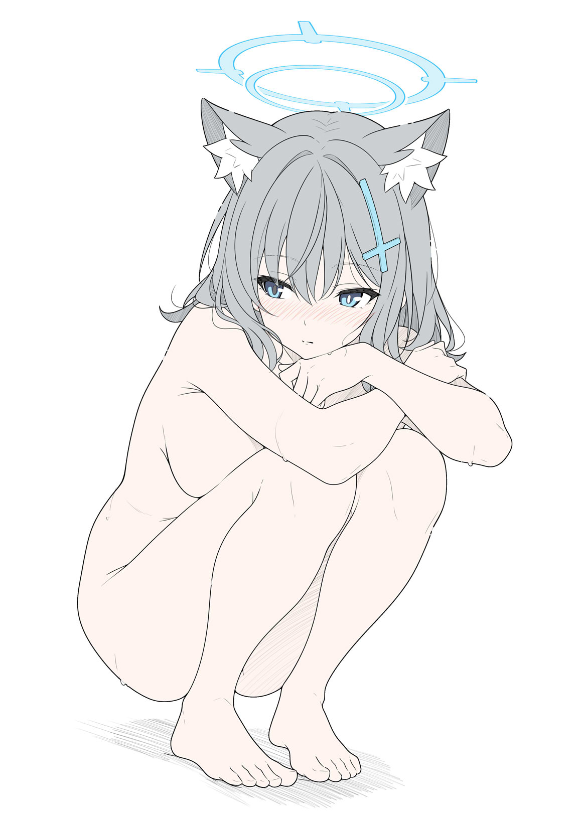 t1kosewad, shiroko (blue archive), blue archive, highres, 1girl, animal ears, blue eyes, blue halo, blush, closed mouth, completely nude, cross hair ornament, grey hair, hair between eyes, hair ornament, halo, long hair, looking to the side, nude, solo, squatting, wolf ears, wolf girl