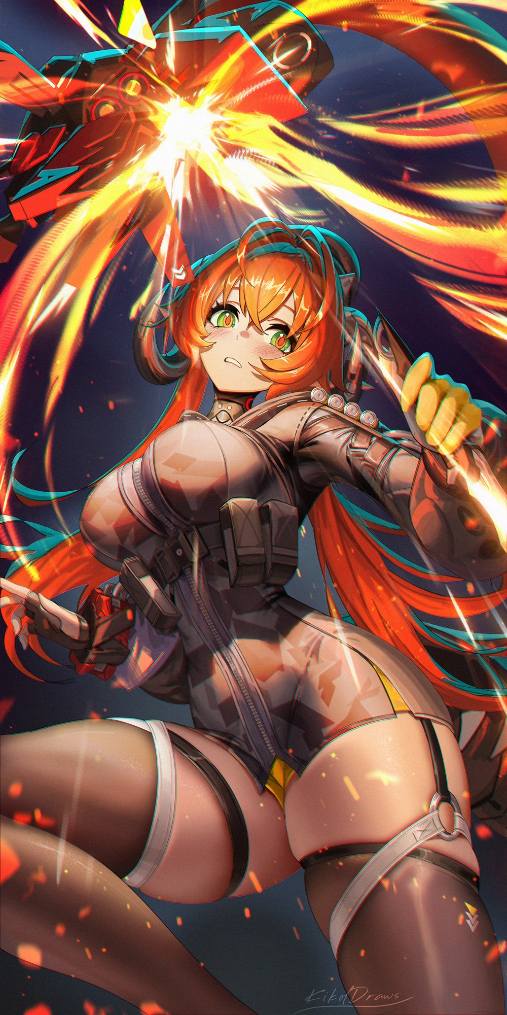liang xing, magus (zenless zone zero), orphie magnusson, zenless zone zero, highres, 1girl, asymmetrical gloves, black gloves, breasts, brown thighhighs, dragon girl, dragon horns, fingerless gloves, gloves, green eyes, hair between eyes, horns, large breasts, long hair, mechanical horns, mechanical tail, mismatched gloves, open mouth, orange hair, orange pupils, panties, parted lips, pointy ears, single fingerless glove, tail, thighhighs, underwear, yellow gloves, yellow panties