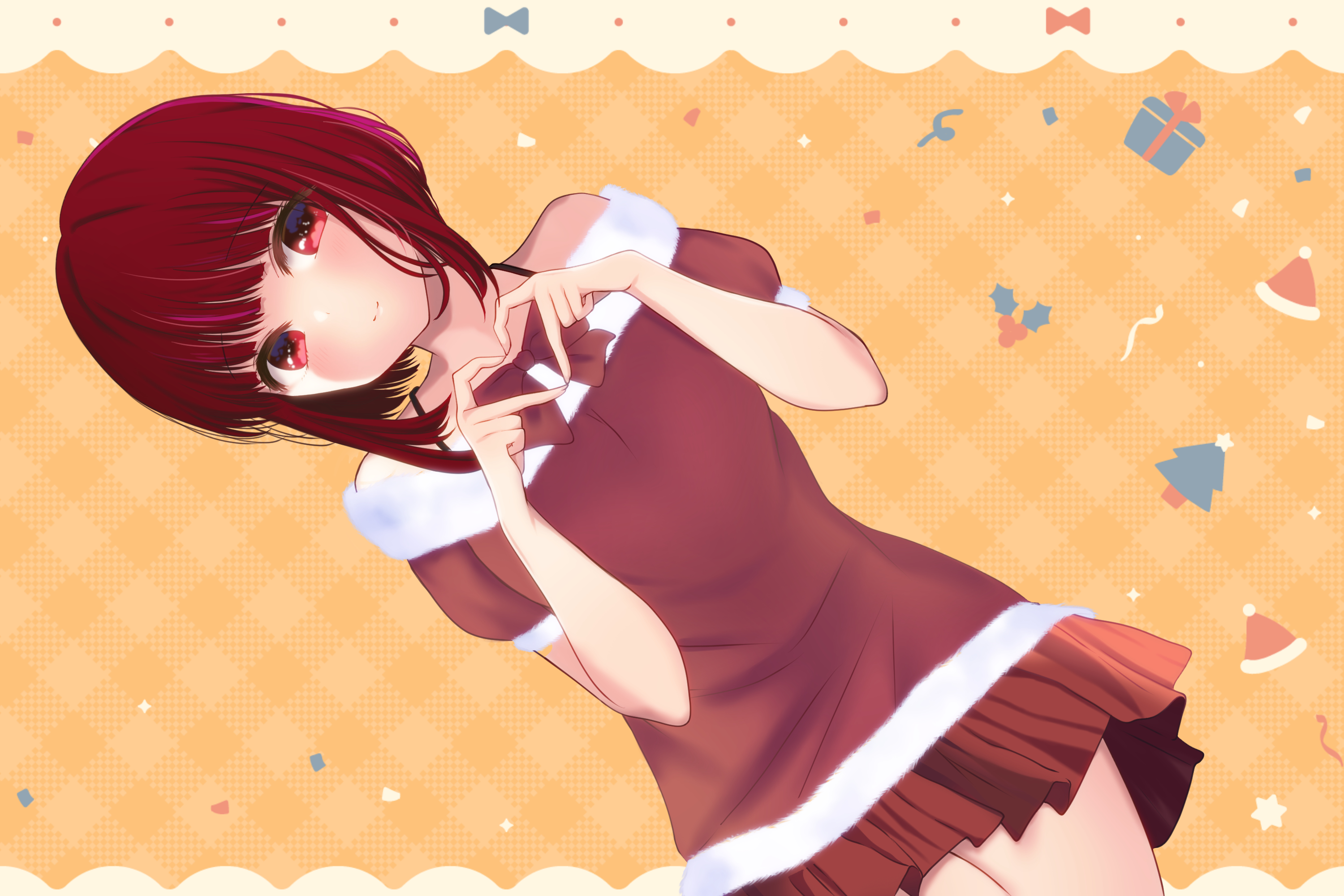 run (mamorun19), arima kana, oshi no ko, highres, 1girl, bare shoulders, blush, bob cut, bow, dress, heart, heart hands, inverted bob, looking at viewer, miniskirt, red eyes, red hair, short hair, simple background, skirt, smile, solo, strap, thighs