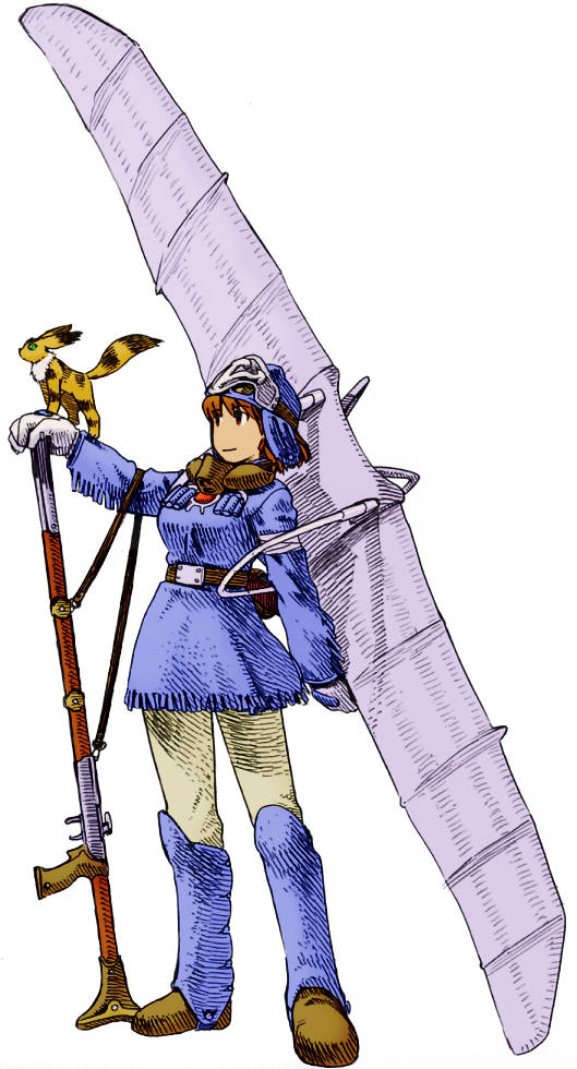 ramb chop, kitsunerisu, mehve, nausicaa, teto (nausicaa), final fantasy, final fantasy tactics, kaze no tani no nausicaa, studio ghibli, 1980s (style), non-web source, 1girl, aircraft, belt, brown hair, female focus, full body, glider, gun, oldschool, parody, retro artstyle, short hair, simple background, solo, style parody, weapon