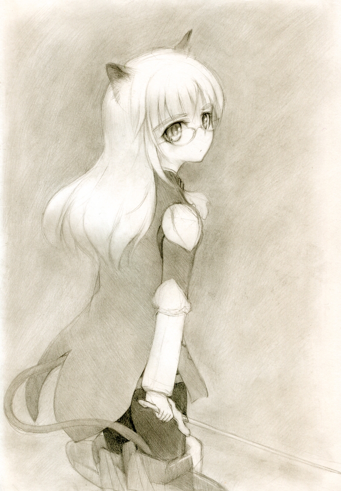 kisetsu, perrine h. clostermann, strike witches, world witches series, bad id, bad pixiv id, traditional media, 00s, 1girl, animal ears, cat ears, cat tail, female focus, glasses, monochrome, pantyhose, sepia, sketch, solo, striker unit, sword, tail, weapon