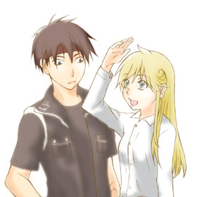 koma (pixiv), koma (pixiv340561), cleo everlastin, orphen, majutsushi orphen, lowres, 1boy, 1girl, black hair, blonde hair, headband, long hair