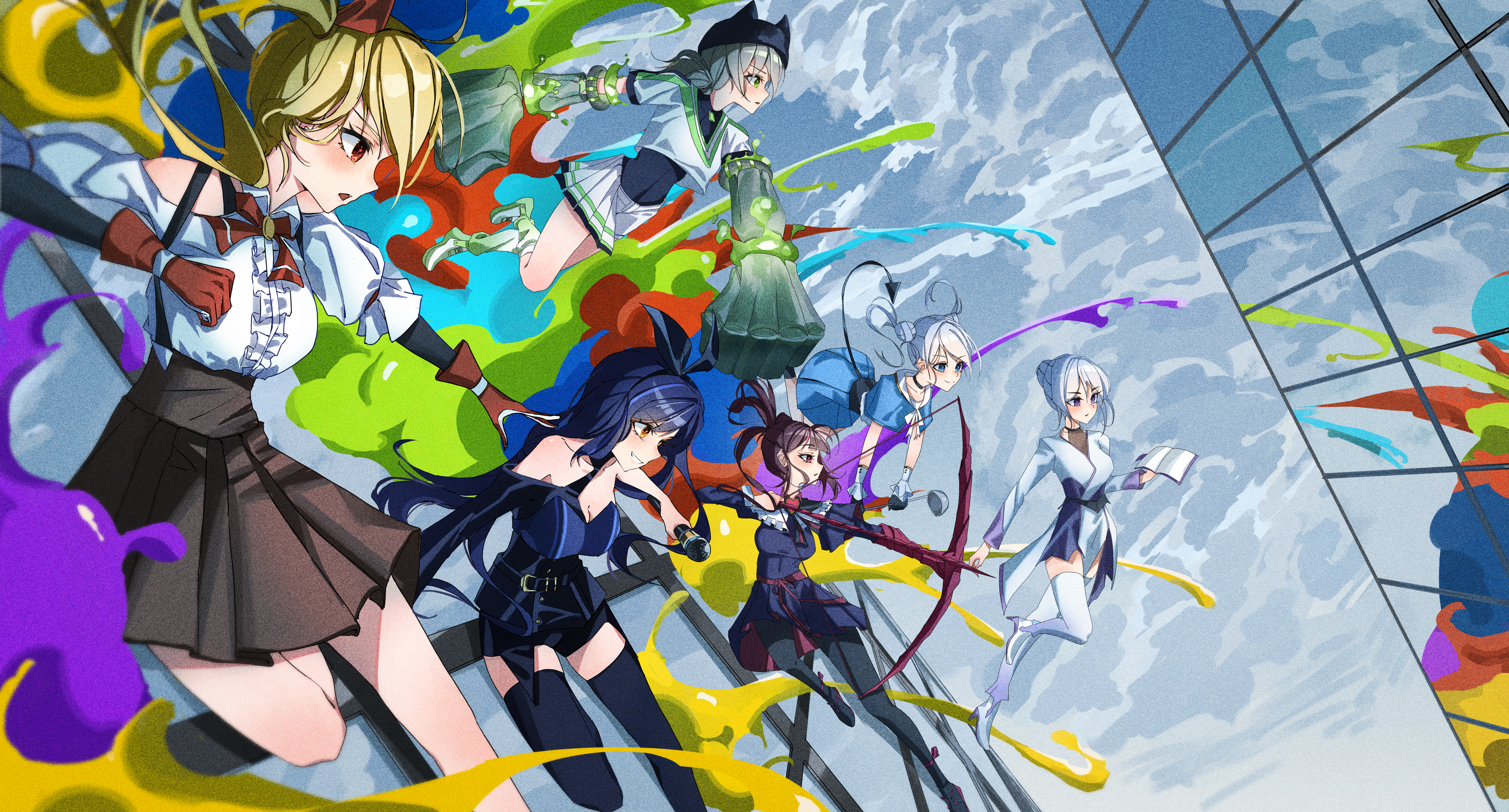 greeen 891, gosegu, ine (vtuber), jingburger, jururu, lilpa, viichan, waktaverse, absurdres, highres, 6+girls, arrow (projectile), black hair, black thighhighs, blonde hair, blue eyes, book, bow (weapon), brown hair, hat, magical girl, magical girl another world idol, multiple girls, paint, pantyhose, red eyes, shoes, short hair, smile, thighhighs, weapon, white hair, white thighhighs