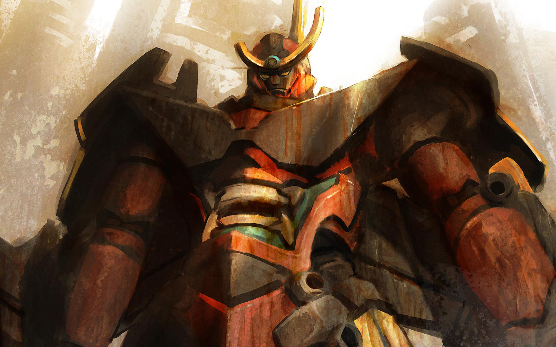 gurren-lagann, tengen toppa gurren lagann, highres, 00s, building, helmet, horns, machinery, no humans, ruins, upper body