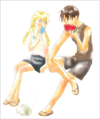 koma (pixiv), koma (pixiv340561), cleo everlastin, orphen, majutsushi orphen, lowres, 1boy, 1girl, black hair, blonde hair, blue eyes, food, fruit, ice cream, long hair, watermelon