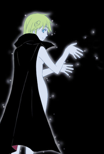 koma (pixiv), koma (pixiv340561), cleo everlastin, majutsushi orphen, lowres, 1girl, blonde hair, blue eyes, cape, female focus, solo