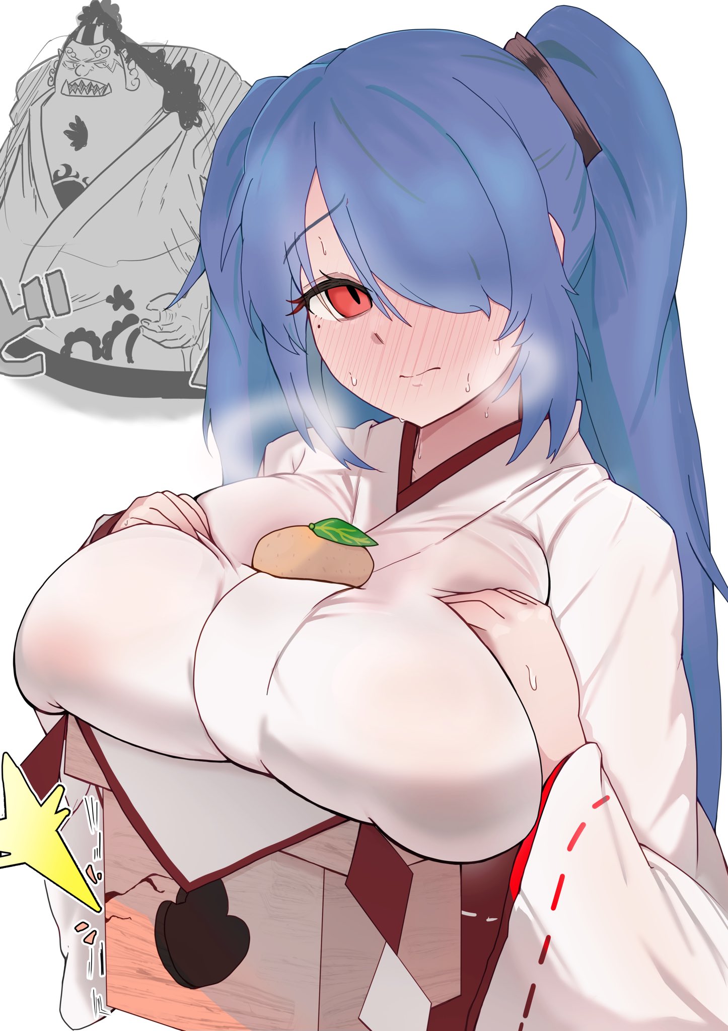 meraikiko, jinbe (one piece), one piece, original, commentary request, highres, 1boy, 1girl, blue hair, blush, borrowed character, breast suppress, breasts, closed mouth, crack, food, food on body, food on breasts, fruit, full-face blush, hair over one eye, hands on own chest, japanese clothes, kagami mochi, kimono, kosode, large breasts, long hair, looking at viewer, mandarin orange, miko, mole, mole under eye, nanami (kyoukitobe), oppai mochi, red eyes, sanbou, scar, scar across eye, scar on face, sharp teeth, sidelocks, simple background, slit pupils, steaming body, sweat, teeth, twintails, white background, white kimono