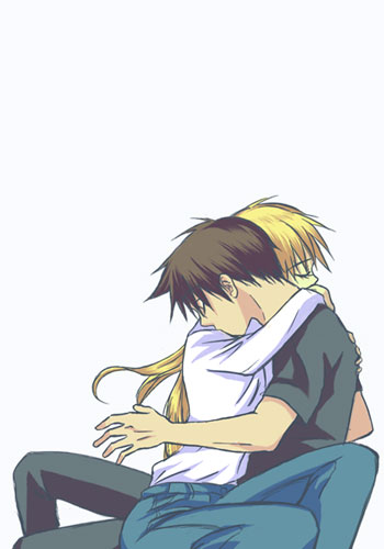 koma (pixiv), koma (pixiv340561), cleo everlastin, orphen, majutsushi orphen, lowres, 1boy, 1girl, black hair, blonde hair, closed eyes, hetero, hug, long hair