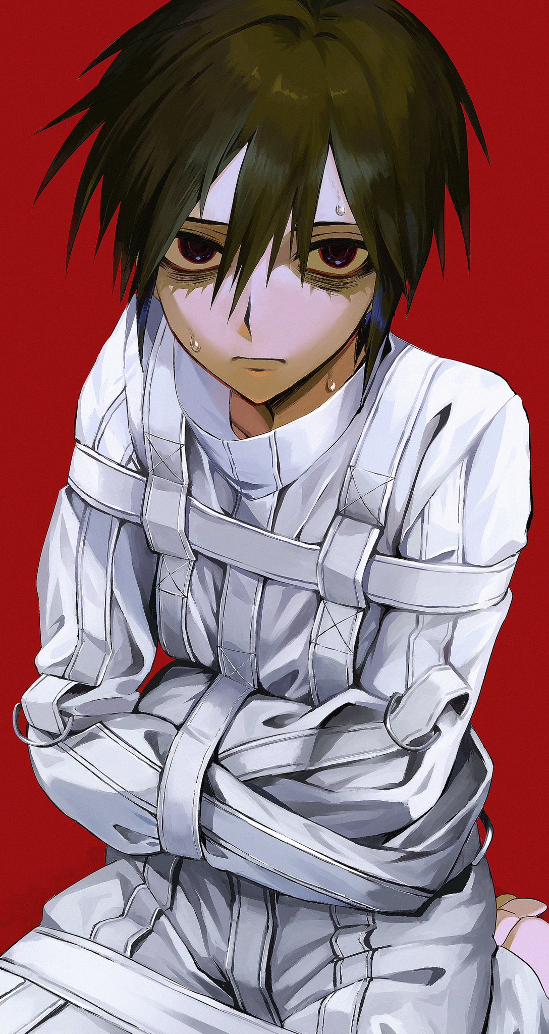 tsukada satoru, randal's friends, highres, 1boy, bags under eyes, black eyes, black hair, closed mouth, looking at viewer, male focus, rannrarara, red background, short hair, solo, straitjacket, sweat