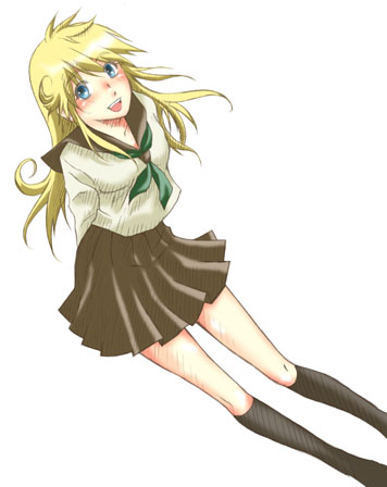 koma (pixiv), koma (pixiv340561), cleo everlastin, majutsushi orphen, lowres, 1girl, blonde hair, blue eyes, female focus, long hair, open mouth, school uniform, serafuku, solo