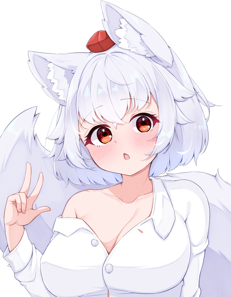 rururiaru, inubashiri momiji, touhou, commentary, 1girl, :o, animal ear fluff, animal ears, blush, breasts, buttons, cleavage, collarbone, collared shirt, hand up, hat, large breasts, long sleeves, looking at viewer, off shoulder, open mouth, red eyes, red hat, shirt, short hair, simple background, single bare shoulder, solo, tail, tokin hat, upper body, w, white background, white hair, white shirt, wolf ears, wolf girl, wolf tail