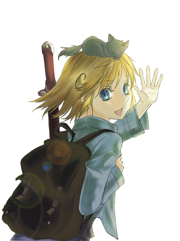 koma (pixiv), koma (pixiv340561), cleo everlastin, leki, majutsushi orphen, bad id, bad pixiv id, 1girl, blonde hair, blue eyes, open mouth, sword, weapon