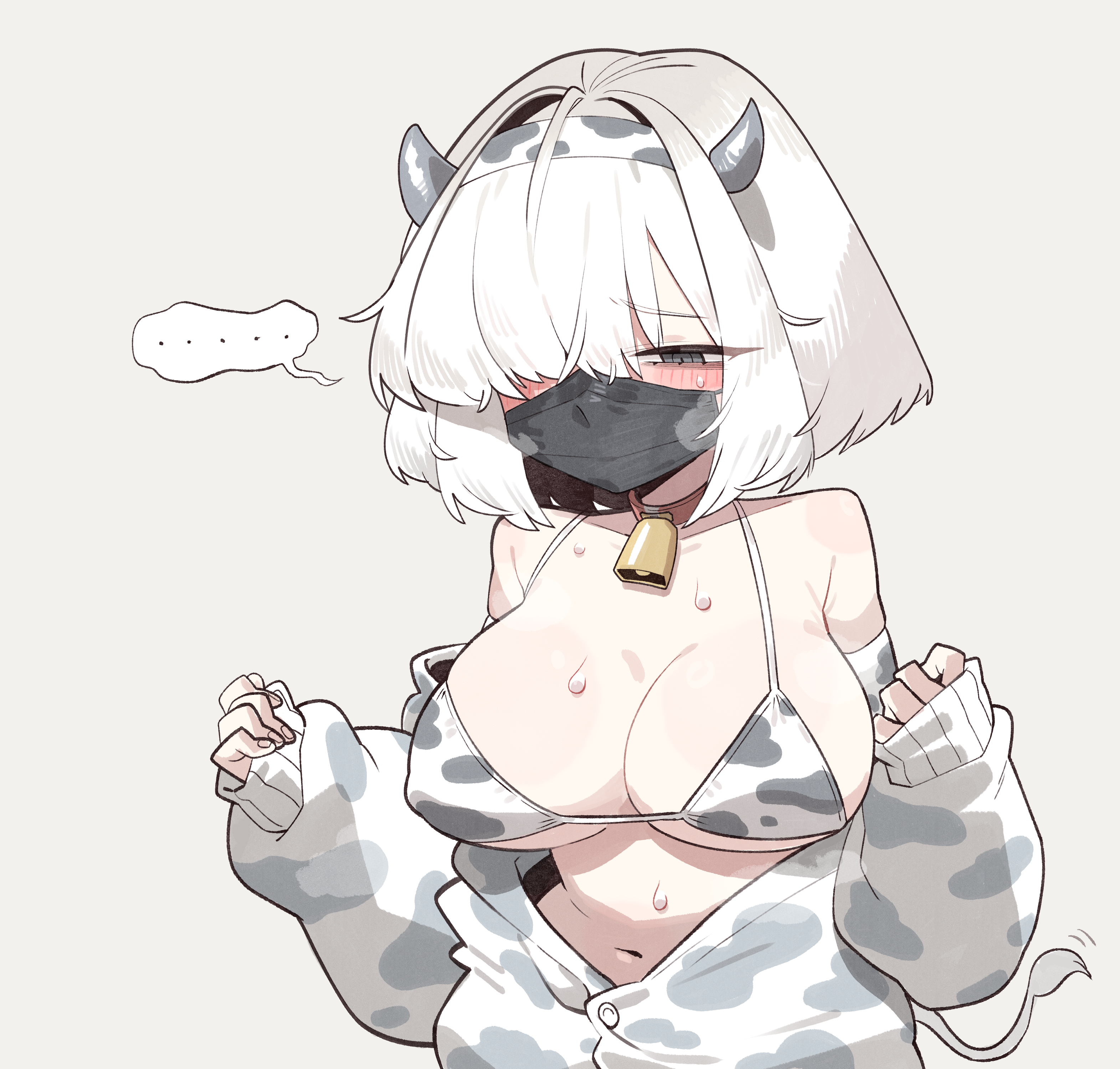 cocomayo29 (tomato), shirogane noel, hololive, absurdres, commentary request, highres, korean commentary, …, 1girl, animal print, bare shoulders, bell, bikini, blush, breasts, breath, cleavage, collarbone, cow horns, cow print, cow print bikini, cow tail, cowbell, grey background, grey eyes, hair over one eye, hairband, half-closed eyes, horns, large breasts, long sleeves, mask, mouth mask, navel, neck bell, off shoulder, one eye covered, open clothes, print bikini, print hairband, short hair, simple background, sleeves past wrists, solo, spoken ellipsis, string bikini, sweat, swimsuit, tail, virtual youtuber, white hair