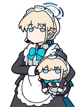 nyaru (nyaru 4126), toki (blue archive), blue archive, lowres, 2girls, apron, black dress, black gloves, blonde hair, blue bow, blue eyes, bow, braid, bun cover, carrying, carrying under arm, chibi, dress, dual persona, fingerless gloves, frilled apron, frills, gloves, hair bun, halo, headset, jitome, juliet sleeves, long sleeves, mini person, minigirl, multiple girls, puffy sleeves, simple background, white apron, white background