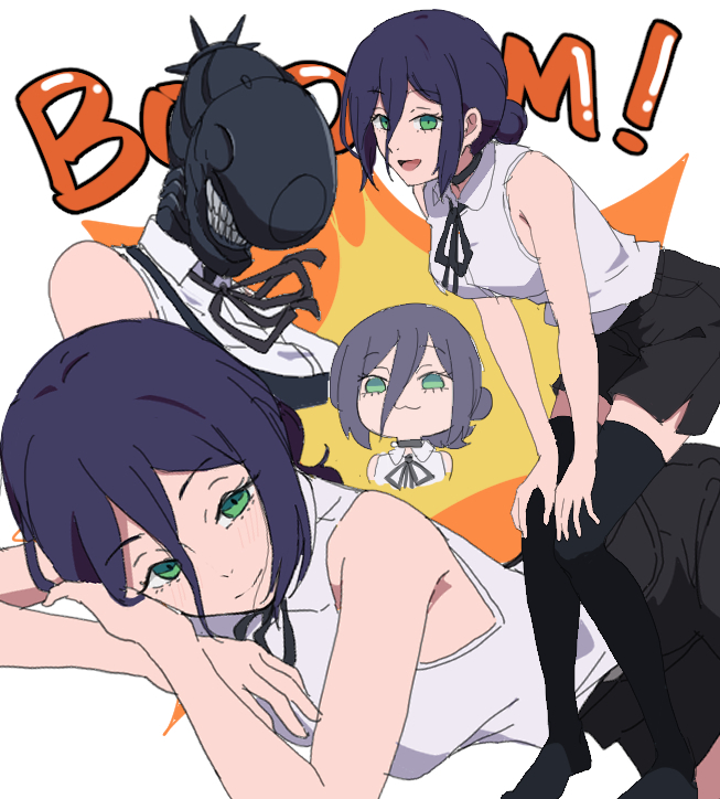 nyaru (nyaru 4126), reze (chainsaw man), blue archive, chainsaw man, 1girl, black ribbon, black shorts, black thighhighs, breasts, collared shirt, dress shirt, explosion, green eyes, hair between eyes, hair bun, hands on own knees, leaning forward, medium breasts, multiple views, neck ribbon, purple hair, ribbon, shirt, shorts, simple background, sleeveless, sleeveless shirt, standing, thighhighs, white background, white shirt