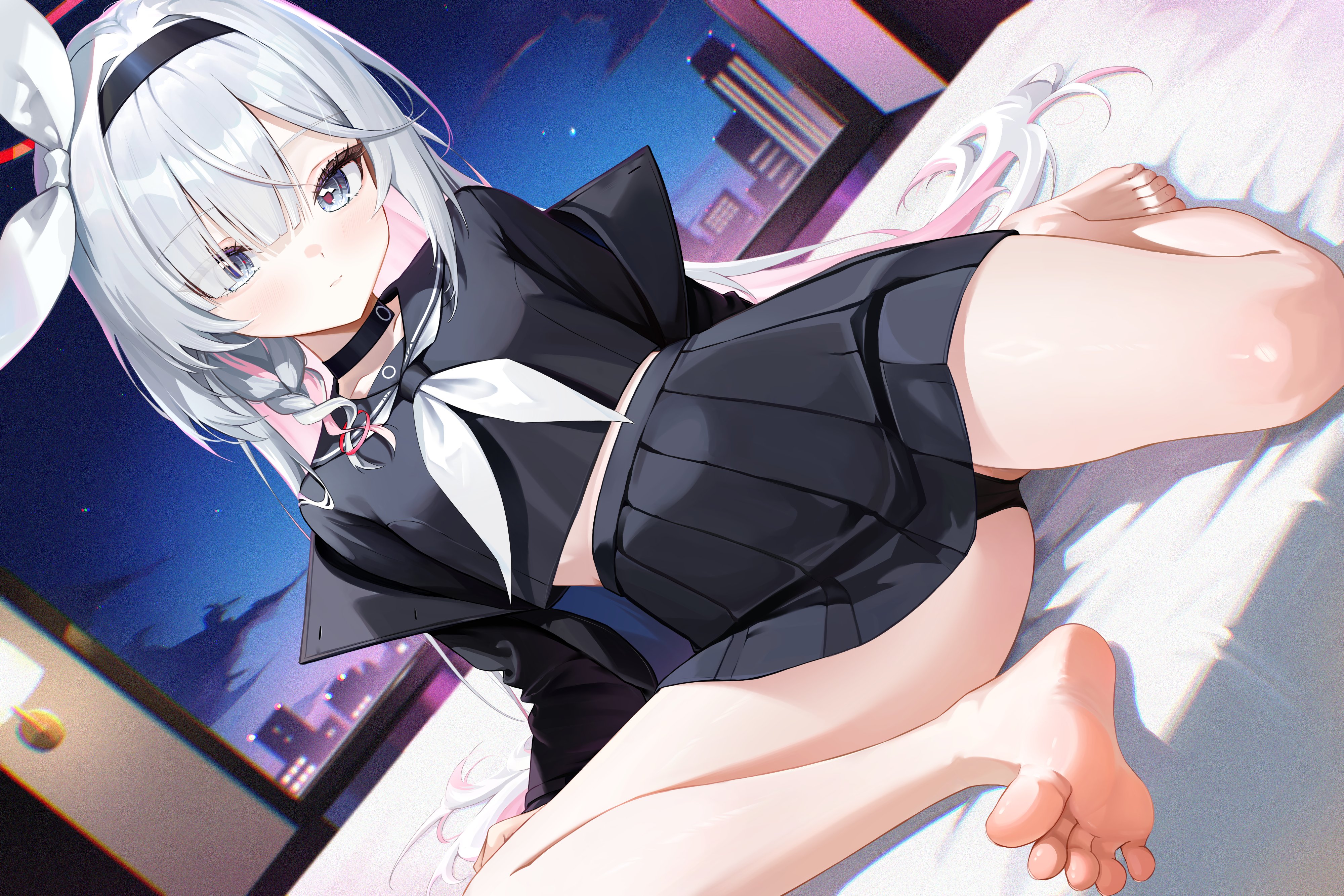 radoremo, plana (blue archive), blue archive, absurdres, commentary request, highres, 1girl, barefoot, black choker, black coat, black eyes, black hairband, black sailor collar, black serafuku, blush, braid, choker, coat, collarbone, colored inner hair, feet, hair over one eye, hair ribbon, hairband, halo, indoors, legs, long hair, long sleeves, looking at viewer, multicolored hair, neckerchief, panties, pink hair, red halo, red pupils, ribbon, sailor collar, school uniform, serafuku, single braid, sitting, skirt, soles, solo, thighs, toes, underwear, very long hair, white hair, white neckerchief, white ribbon