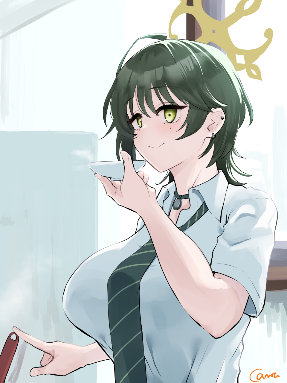 caruta, fuyu (blue archive), blue archive, commentary request, highres, 1girl, blush, closed mouth, collared shirt, diagonal-striped clothes, diagonal-striped necktie, earrings, green eyes, green necktie, grey hair, hair between eyes, halo, hand up, holding, indoors, jewelry, mole, mole under eye, necktie, shirt, signature, smile, solo, striped clothes, upper body, white shirt, window
