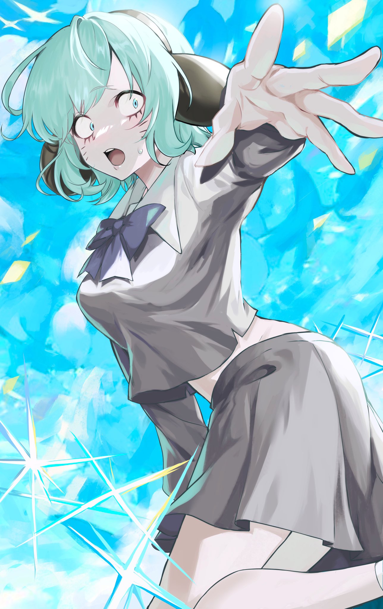 nyon (randal's friends), randal's friends, highres, 1girl, animal ear hairband, animal ears, aqua hair, blue bow, blue eyes, bow, drawn whiskers, fake animal ears, genderswap, genderswap (mtf), grey shirt, grey skirt, hairband, long sleeves, open mouth, rannrarara, reaching, reaching towards viewer, shirt, short hair, skirt, small sweatdrop, solo