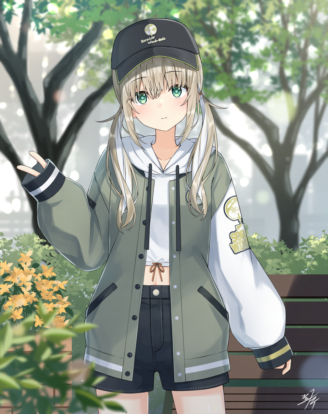 miko fly, original, commentary, highres, 1girl, baseball cap, bench, black hat, black shorts, blurry, blurry background, blurry foreground, blush, brown hair, buttons, closed mouth, colored inner hair, cowboy shot, crop top, day, depth of field, drawstring, green eyes, green jacket, grey jacket, hand up, hat, hood, hood down, hoodie, jacket, long hair, long sleeves, looking at viewer, midriff, multicolored hair, navel, open clothes, open jacket, outdoors, puffy long sleeves, puffy sleeves, short shorts, shorts, signature, sleeves past wrists, solo, standing, tree, twintails, v, white hair, white hoodie