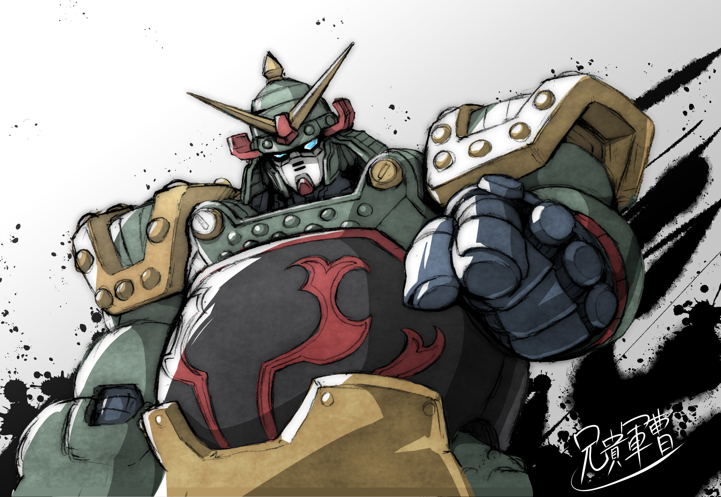 aniki gunsou, g gundam, gundam, highres, traditional media, armor, artist name, blue eyes, ink splatter, joints, kowloon gundam, mecha, no humans, no pupils, pointing, pointing at viewer, robot, robot joints, shoulder armor, signature, upper body, v-fin