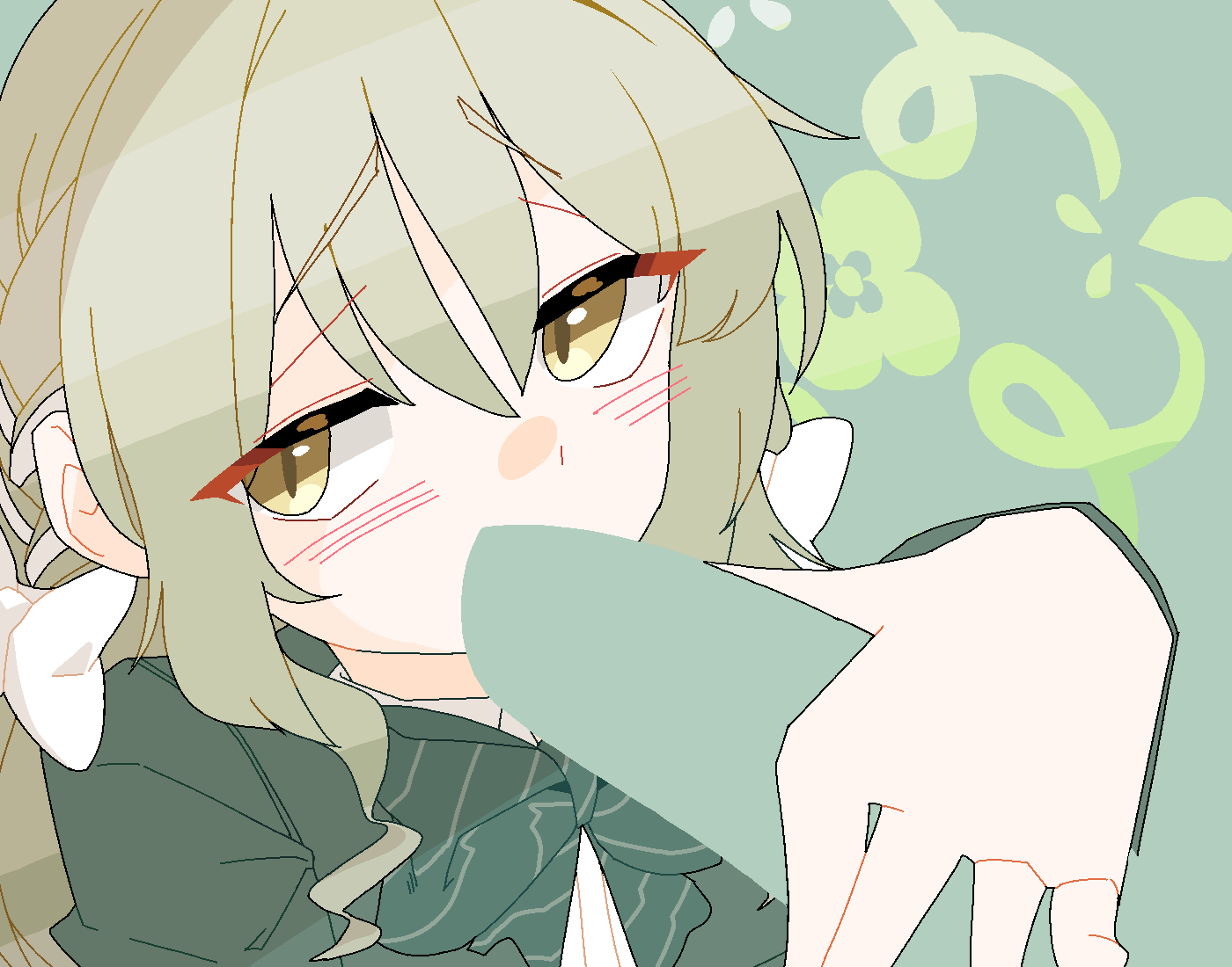dthmns, miyo (blue archive), blue archive, animated, animated gif, 1girl, blush, bow, bowtie, closed mouth, green background, green bow, green bowtie, green hair, green halo, halo, implied handjob, long hair, looking at viewer, simple background, yellow eyes