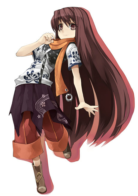 murata taichi, original, 1girl, blush, boots, brown eyes, brown hair, female focus, full body, long hair, looking afar, orange scarf, pants, scarf, shirt, short sleeves, simple background, solo, t-shirt, very long hair, white background
