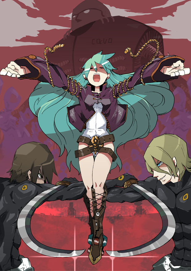 cavo, original, 1girl, 2boys, aqua hair, belt, belt buckle, black hair, blonde hair, blue eyes, bodysuit, boots, brown eyes, buckle, closed eyes, cloud, green hair, jacket, knee boots, legs, leotard, long hair, multiple boys, open clothes, open jacket, open mouth, outstretched arms, pointy ears, robot, rope, short hair, sky, smirk, standing, sword, thigh gap, unzipped, very long hair, weapon