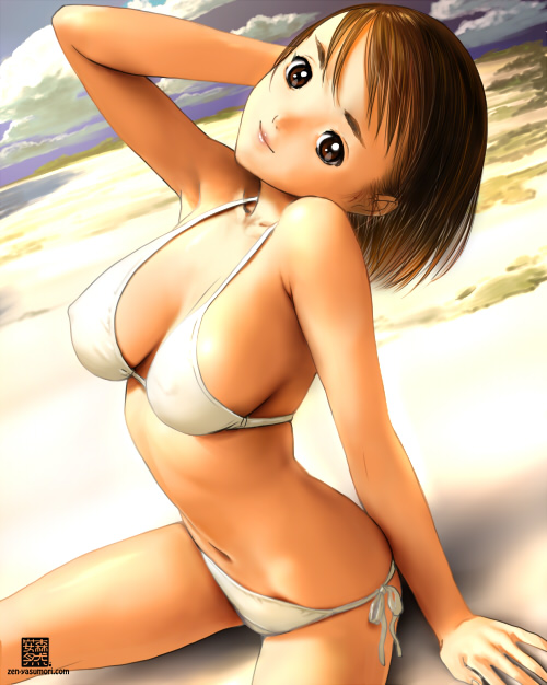 yasumori zen, 1girl, bikini, breasts, brown hair, female focus, large breasts, red eyes, side-tie bikini bottom, sitting, solo, swimsuit, white bikini