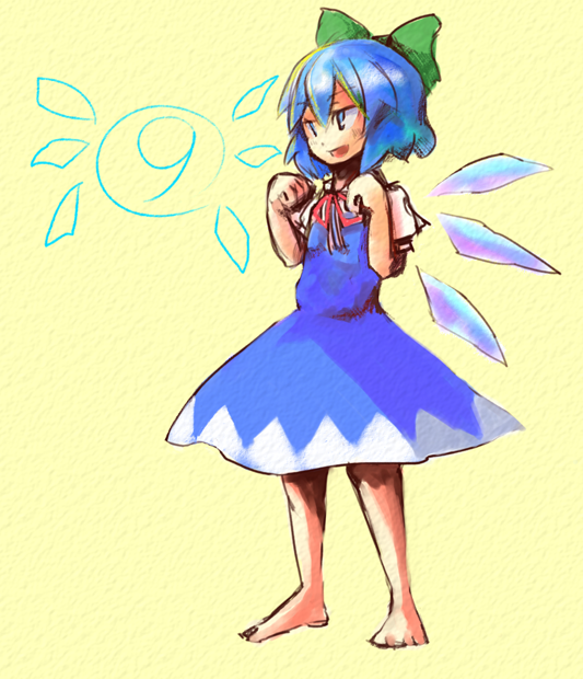 luft (luft dokka), cirno, touhou, 1girl, barefoot, blue eyes, blue hair, bow, circled 9, dress, feet, female focus, full body, hair ribbon, matching hair/eyes, ribbon, simple background, solo, standing, wings, yellow background