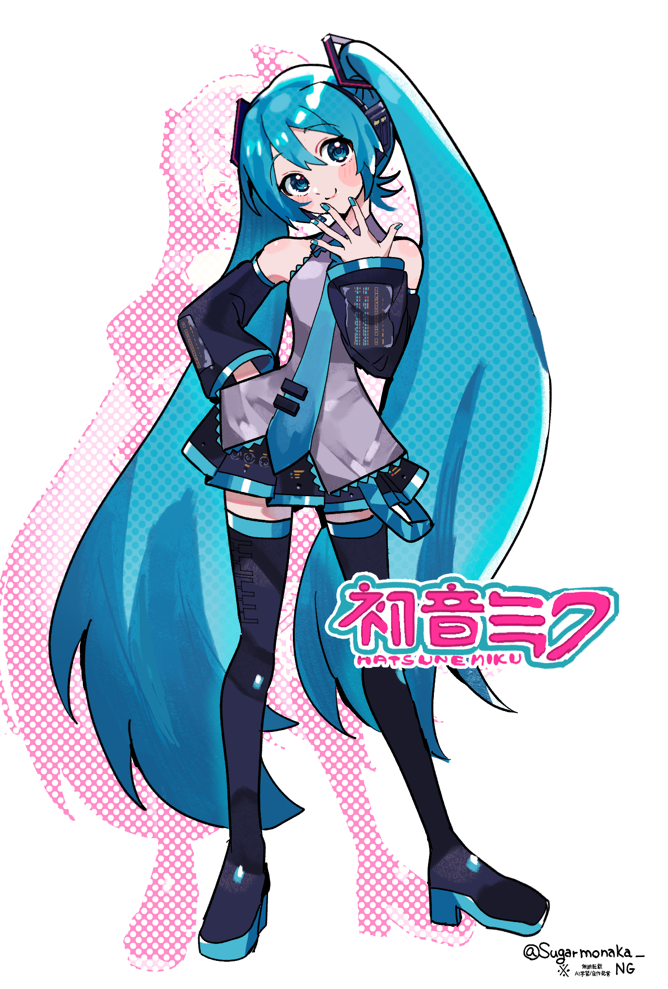 sugarmonaka, hatsune miku, vocaloid, hashtag-only commentary, highres, 1girl, bare shoulders, black boots, black skirt, black sleeves, blue eyes, blue hair, blue nails, blue necktie, blush stickers, boots, character name, closed mouth, detached sleeves, different zoom layer, double-parted bangs, full body, grey shirt, hair between eyes, hand on own hip, hand up, logo, long hair, long sleeves, looking at viewer, miniskirt, nail polish, necktie, pleated skirt, shirt, simple background, skirt, sleeveless, sleeveless shirt, smile, solo, standing, thigh boots, thighhighs, tie clip, twintails, twitter username, very long hair, watermark, white background, zettai ryouiki