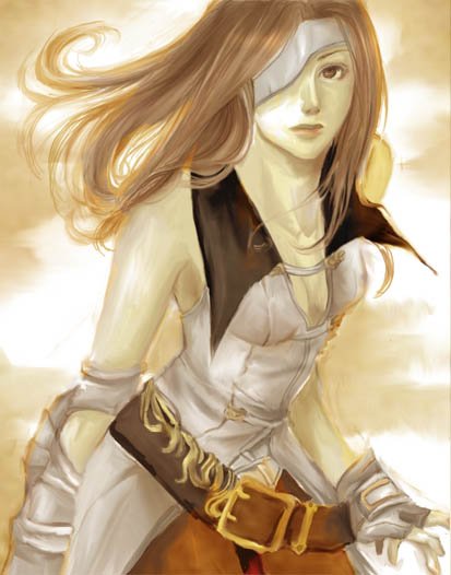beatrix, final fantasy, final fantasy ix, non-web source, 00s, 1girl, belt, brown eyes, brown hair, eyepatch, female focus, pantyhose, solo