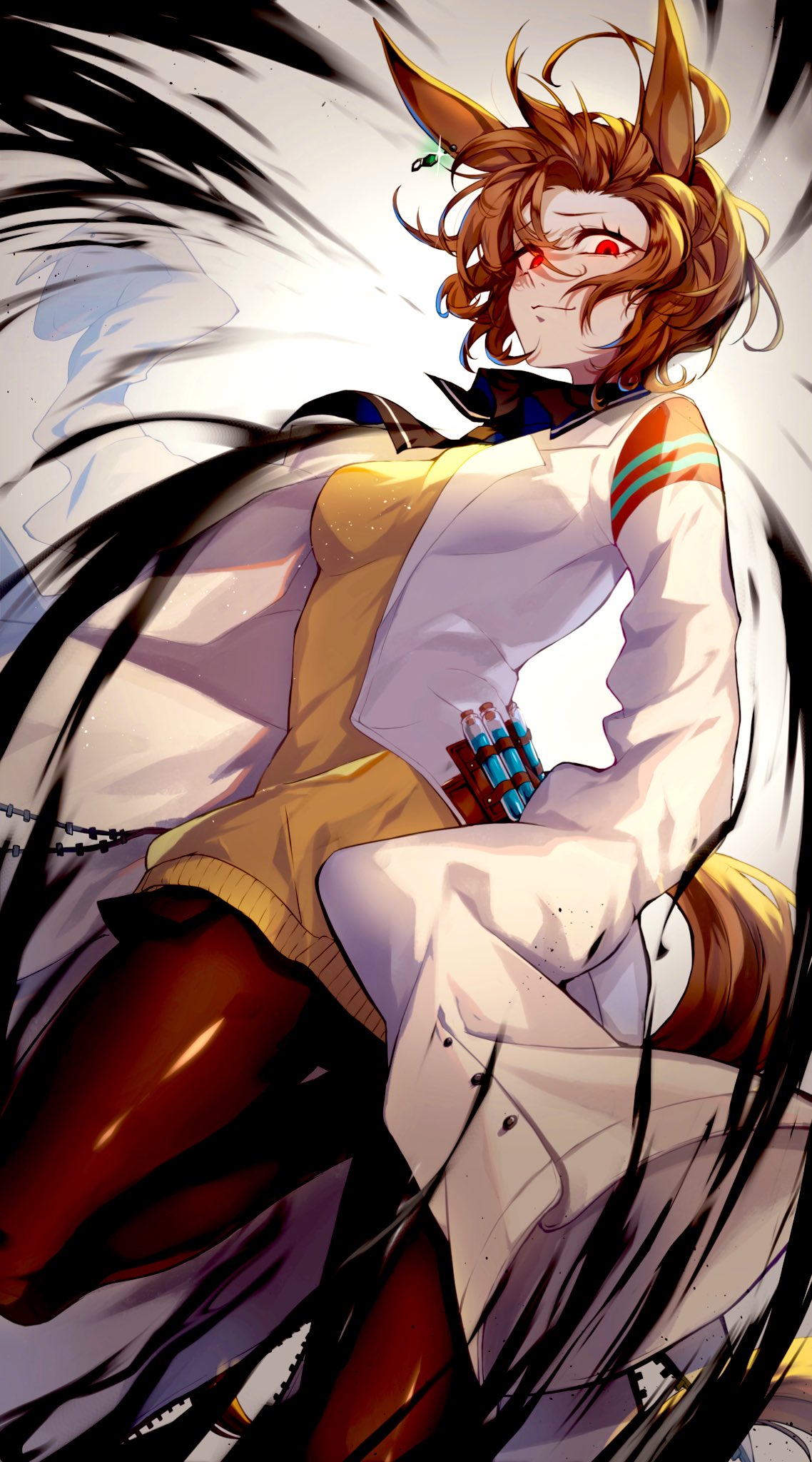 agnes tachyon (tach-nology) (umamusume), agnes tachyon (umamusume), umamusume, highres, 1girl, animal ears, brown hair, coat, horse ears, horse girl, horse tail, lab coat, looking at viewer, rannrarara, red eyes, short hair, smile, solo, sweater, tail, test tube, very long sleeves, white coat, yellow sweater