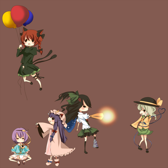 umi (umi02), kaenbyou rin, komeiji koishi, komeiji satori, patchouli knowledge, reiuji utsuho, touhou, 5girls, balloon, bow, braid, chibi, female focus, multiple girls, yellow bow