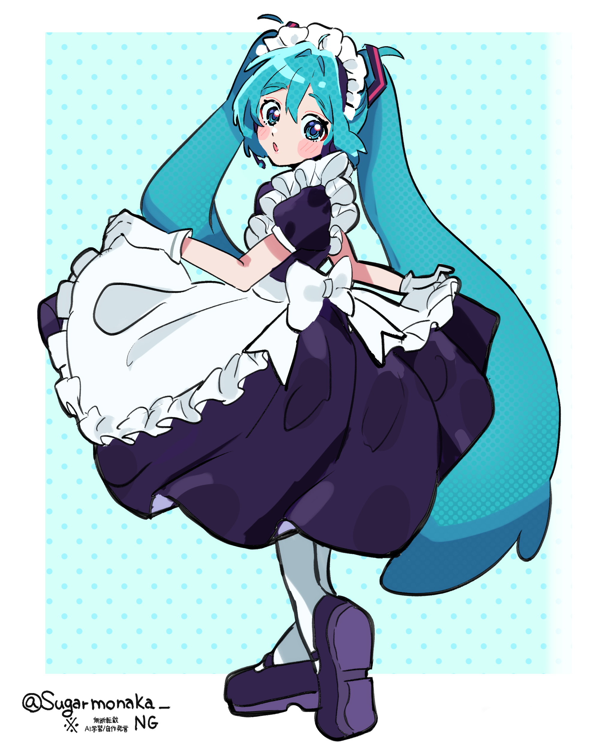 sugarmonaka, hatsune miku, vocaloid, absurdres, commentary, highres, 1girl, :o, alternate costume, apron, black dress, black shoes, blue background, blue eyes, blue hair, blush stickers, border, double-parted bangs, dress, enmaided, frilled apron, frills, full body, gloves, hair between eyes, long hair, looking at viewer, maid, maid headdress, mary janes, open mouth, outside border, pantyhose, polka dot, polka dot background, shoes, short sleeves, solo, standing, twintails, twitter username, very long hair, watermark, white apron, white border, white gloves, white pantyhose