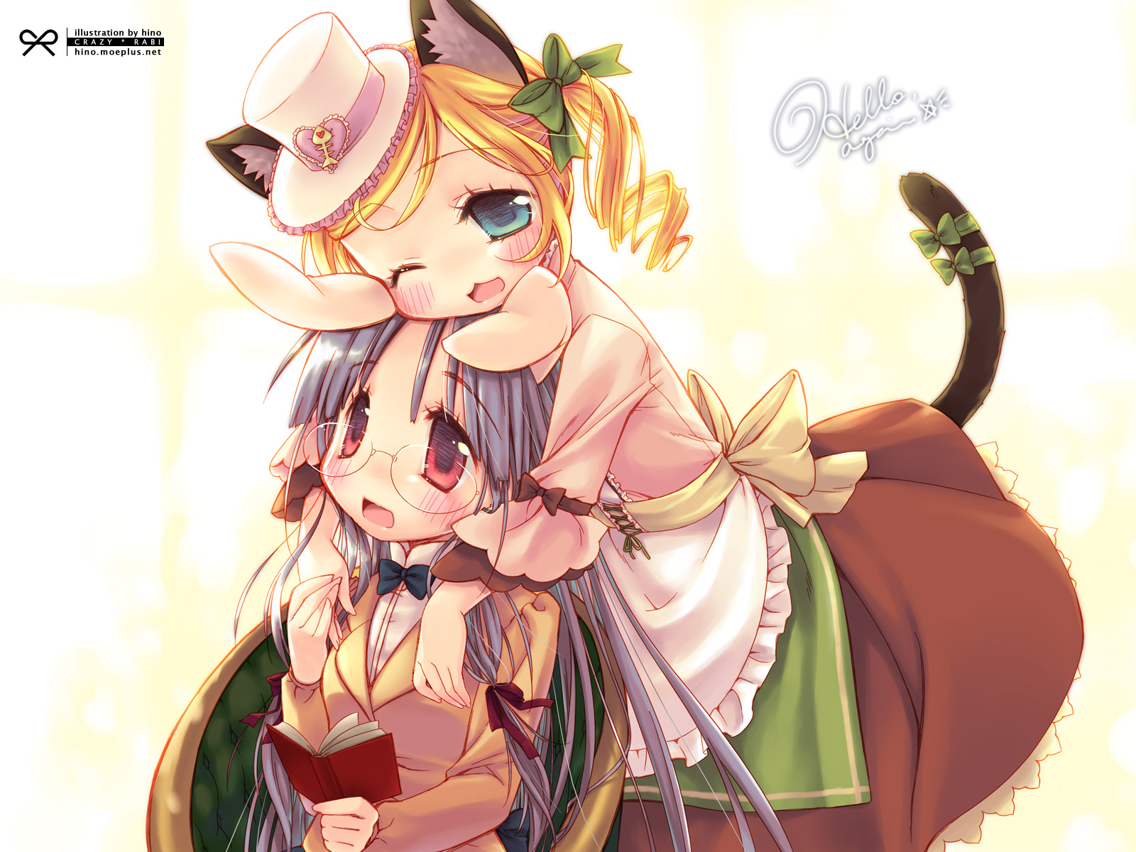 hinohino, original, highres, animal ears, blonde hair, blue eyes, bow, cat ears, cat tail, glasses, hair bow, hair ribbon, hat, purple hair, rabbit ears, red eyes, ribbon, tail, twintails, wink