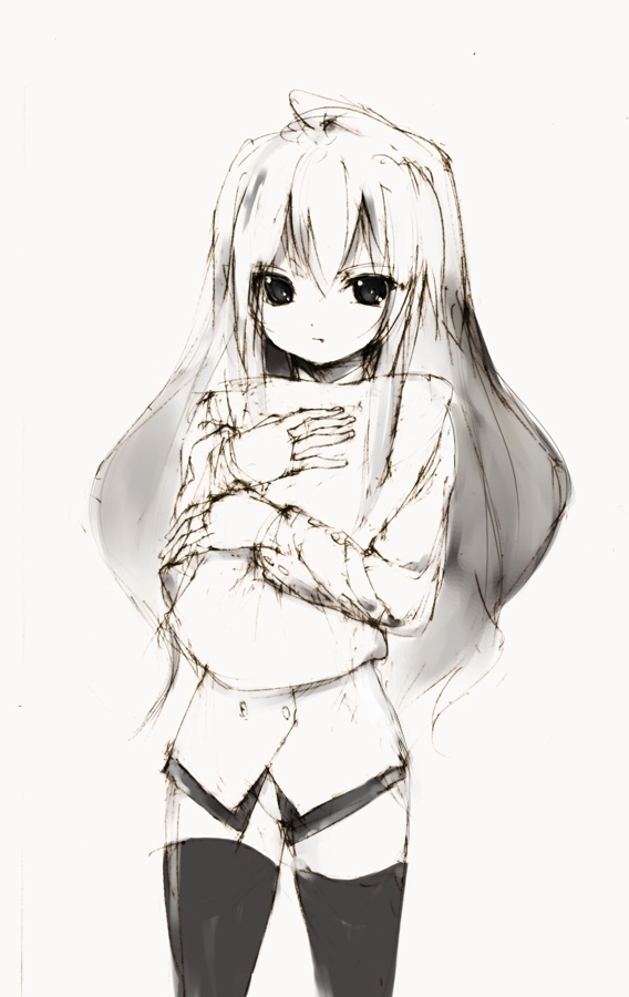 repair, aisaka taiga, toradora!, 00s, 1girl, female focus, greyscale, monochrome, sketch, solo, thighhighs