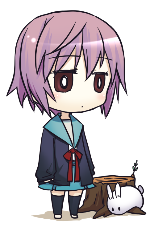 dadamdow, touma rui, nagato yuki, suzumiya haruhi no yuuutsu, bad id, bad pixiv id, 00s, 1girl, chibi, female focus, rabbit, school uniform, serafuku, solo, tree stump