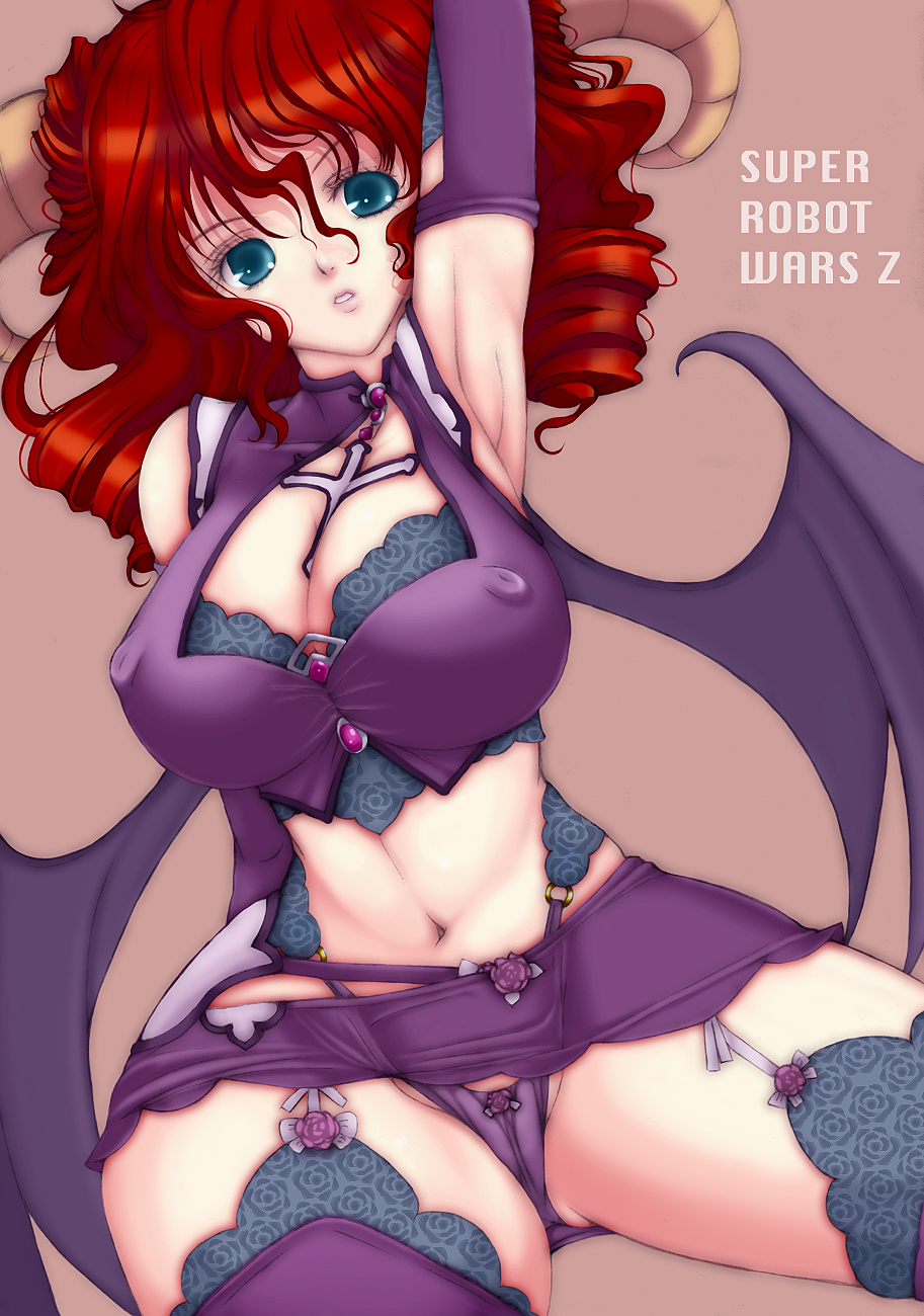 kannagi kaname, xine espio, banpresto, super robot wars, super robot wars z, super robot wars z1, bad id, bad pixiv id, highres, 1girl, armpits, bat wings, blue eyes, breasts, cleavage, covered erect nipples, curvy, drill hair, elbow gloves, female focus, garter belt, gloves, horns, large breasts, long hair, navel, panties, red hair, solo, thighhighs, underwear, wide hips, wings