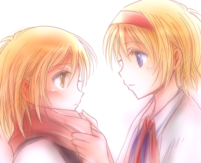 nagasawa (pixiv172331), nagasawa (tthnhk), alice margatroid, kirisame marisa, perfect cherry blossom, touhou, bad id, bad pixiv id, 2girls, blonde hair, blue eyes, blush, eye contact, female focus, hairband, looking at another, multiple girls, scarf, short hair, yellow eyes, yuri