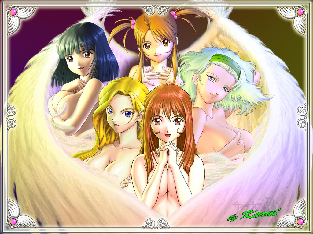 hanashino karui, coquelicot (sakura taisen), erica fontaine, glycine bleumer, kitaooji hanabi, lobelia carlini, sakura taisen, sakura taisen iii, sega, breast hold, silver hair, 00s, 5girls, angel wings, black hair, blonde hair, breasts, brown eyes, brown hair, covering breasts, covering privates, earrings, feathers, glasses, grey eyes, headband, jewelry, large breasts, long hair, medium breasts, multiple girls, necklace, nude, nude cover, purple eyes, short hair, smile, twintails, wings