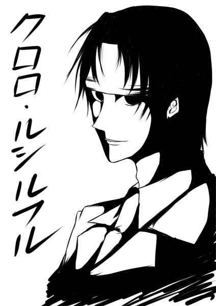 iwamoto eiri, chrollo lucilfer, hunter x hunter, bad id, bad pixiv id, 1boy, greyscale, kurororo, male focus, monochrome, solo