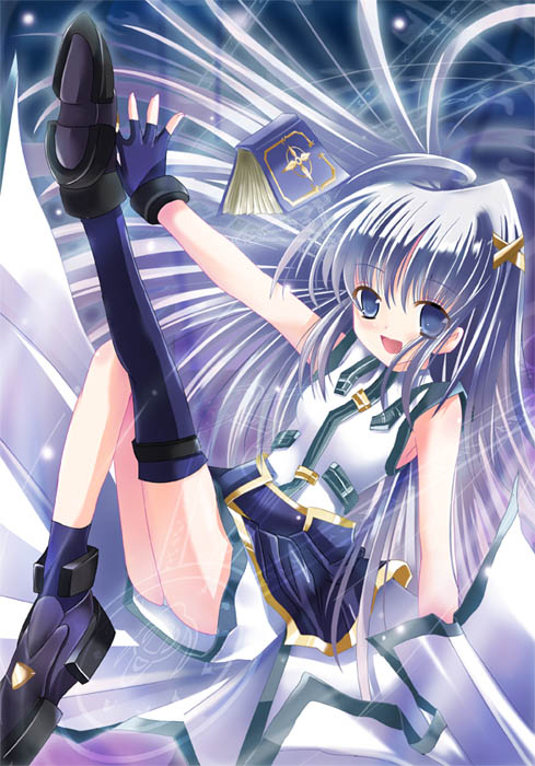 xephonia, book of the azure sky, reinforce zwei, lyrical nanoha, mahou shoujo lyrical nanoha, mahou shoujo lyrical nanoha a's, mahou shoujo lyrical nanoha strikers, 00s, 1girl, book, female focus, hair ornament, long hair, magic circle, magical girl, solo, thighhighs, x hair ornament