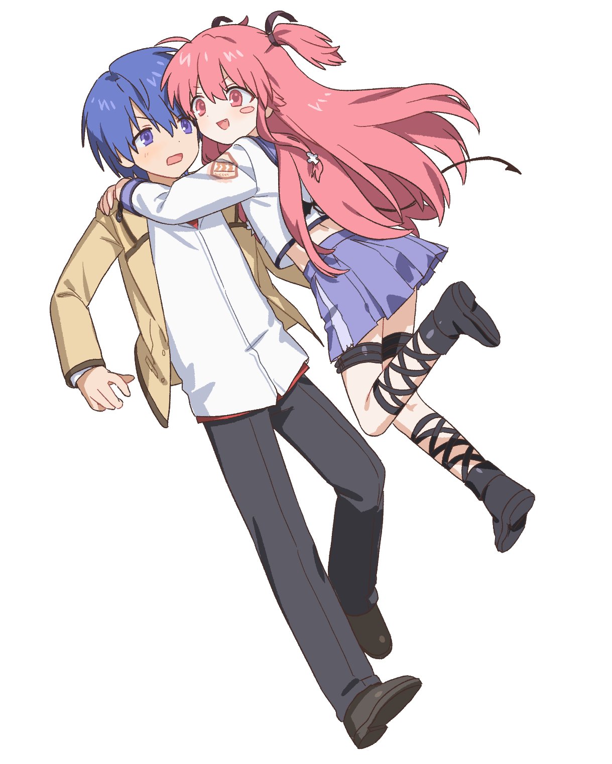 saang2cm, hinata hideki, yui (angel beats!), angel beats!, highres, 1boy, 1girl, :d, black boots, black pants, black shoes, blue eyes, blue hair, blue skirt, blush stickers, boots, demon tail, fang, full body, hug, jacket, leg up, long hair, looking at another, one side up, open clothes, open jacket, open mouth, pants, pink eyes, pink hair, school uniform, shirt, shoes, short hair, simple background, single blush sticker, skirt, smile, standing, standing on one leg, surprise hug, tail, white background, white shirt, yellow jacket