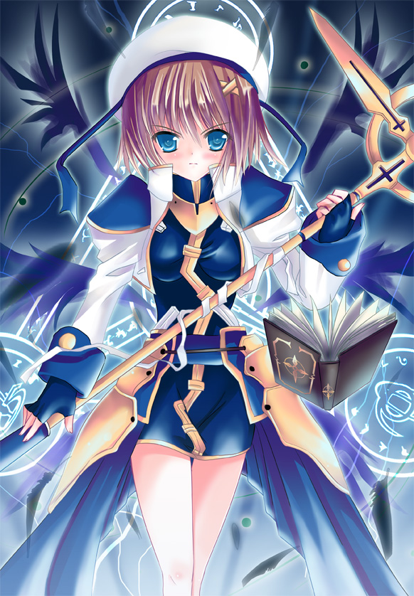 xephonia, schwertkreuz, tome of the night sky, yagami hayate, lyrical nanoha, mahou shoujo lyrical nanoha, mahou shoujo lyrical nanoha a's, mahou shoujo lyrical nanoha strikers, 00s, 1girl, book, female focus, hair ornament, magic circle, solo, staff, wings, x hair ornament